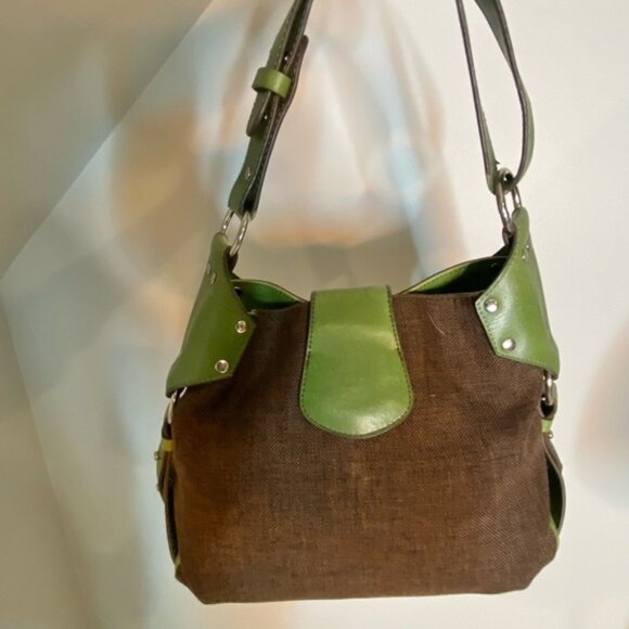MATT  & NAT Vegan Brown Green Shoulder Bag Canvas Faux Leather - Picture 10 of 16